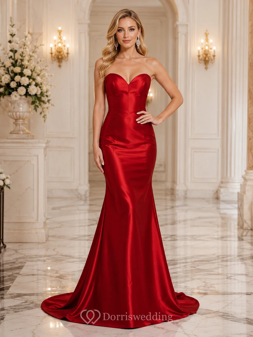 Red strapless sweetheart satin mermaid charity gala gown
