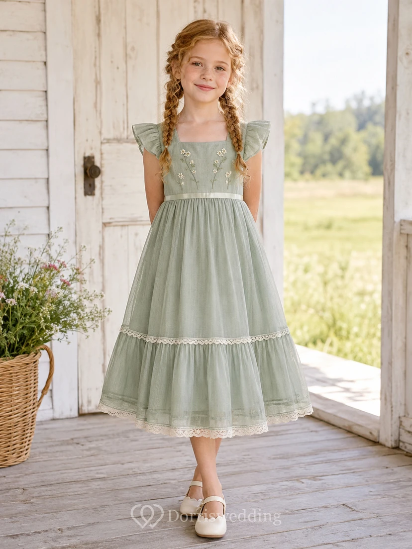 Robe de demoiselle d'honneur vintage Sage, coupe trapèze, en tulle, col carré, manches pétales, à volants floraux, longueur thé