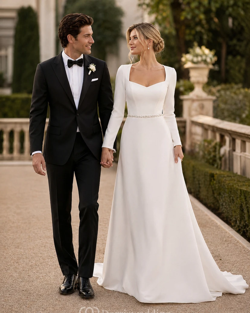 Satin-Brautkleid mit langen Ärmeln, einfarbigem Design, eckigem Ausschnitt und Taillenperlen view 3