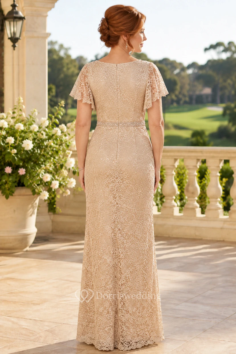Champagne Lace Sheath Mother Dress with Flutter Sleeves view 2