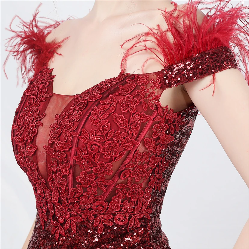 Vestido de noche de alta gama con chaleco de encaje de pelo de avestruz y diamantes, cintura de espina de pescado. view 19