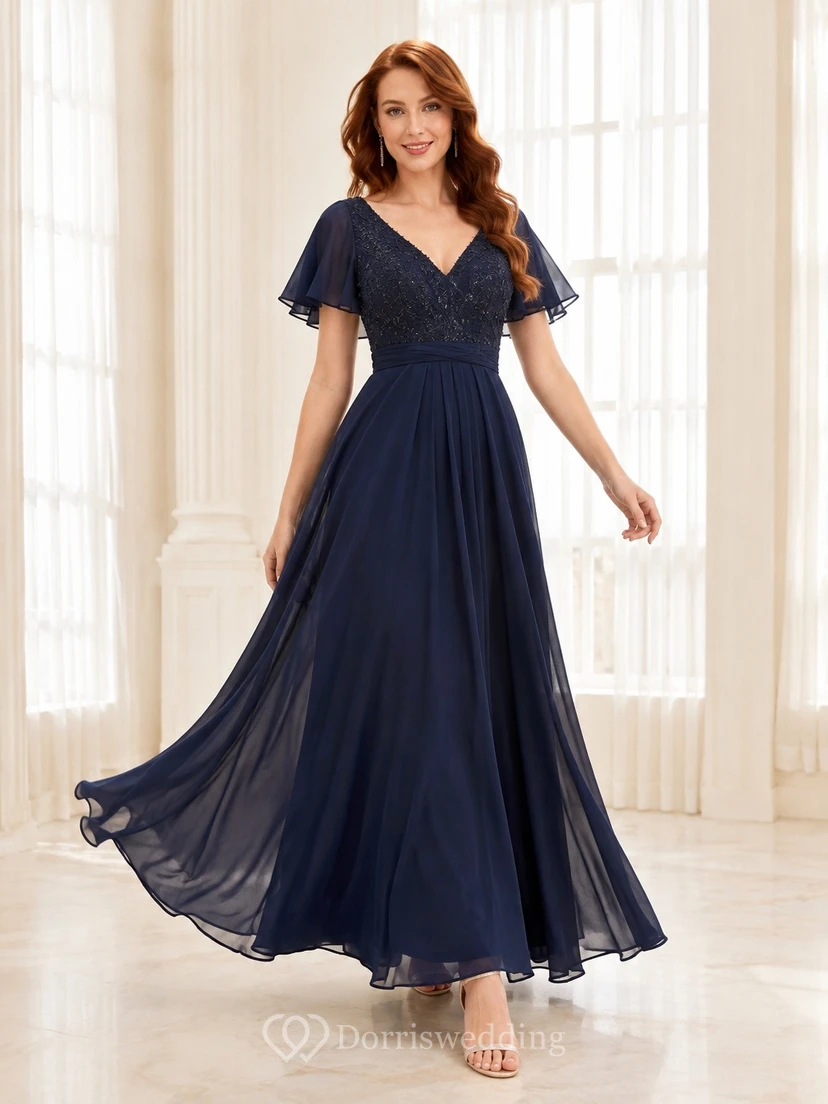 Vestido de quinceañera de gasa azul marino oscuro con escote en V y manga corta, corte en A