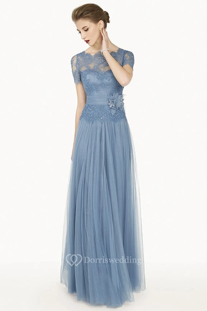 Scalloped Bateau Short Sleeve Lace Top Tulle Long Dress With Flower Sash