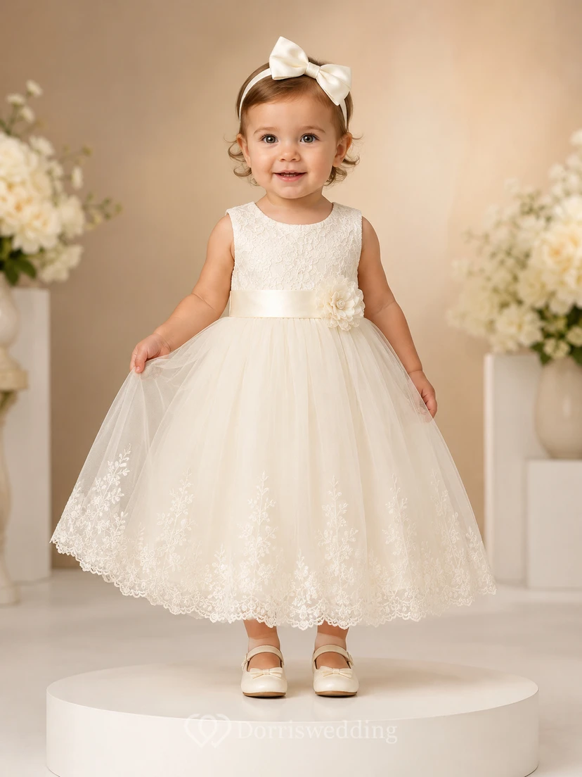 Baptism Dress A-Line Tulle Lace Jewel Neck Sleeveless Tea-Length Hem
