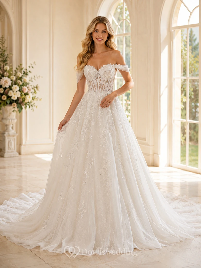 Robe de mariée en tulle fleuri à épaules dénudées et décolleté cœur, coupe trapèze, traîne chapelle