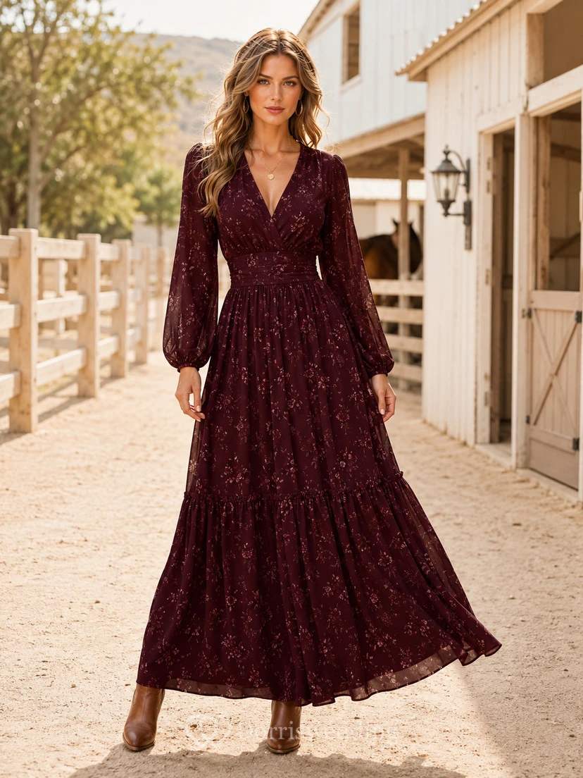 Bordeauxrotes Folklore-Kleid in A-Linie, knöchellang, V-Ausschnitt, lange Ärmel, Spitze, Bohemian-Stil