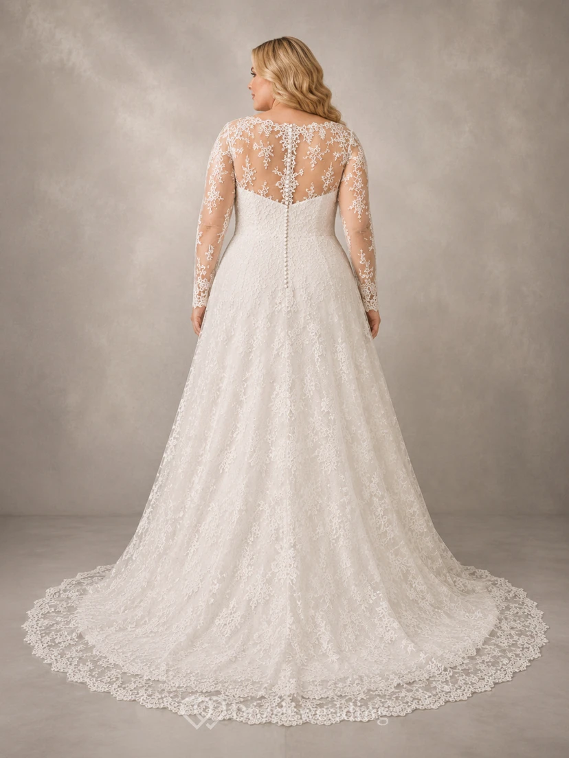 Plus Size Illusion Long Sleeve Lace A-Line Bridal Gown view 2