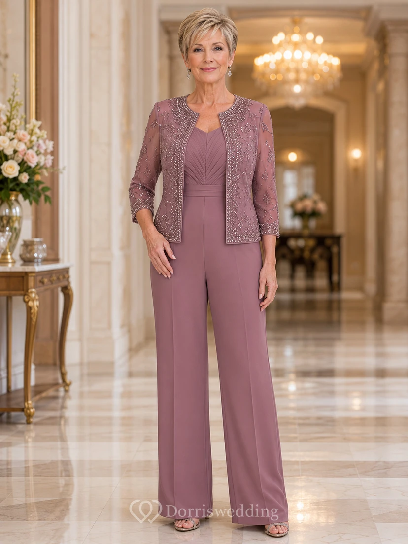Vintage-Jumpsuit in Mauve mit Mauve-farbenem Oberteil aus Spitze mit Rundhalsausschnitt und weit geschnittener Hose