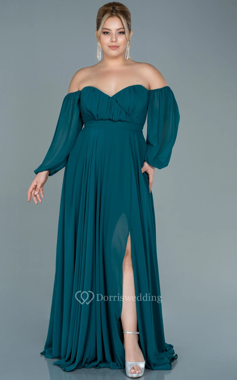 Off-the-shoulder Sweetheart Empire Plus Size Chiffon Front Split Evening Dress view 9