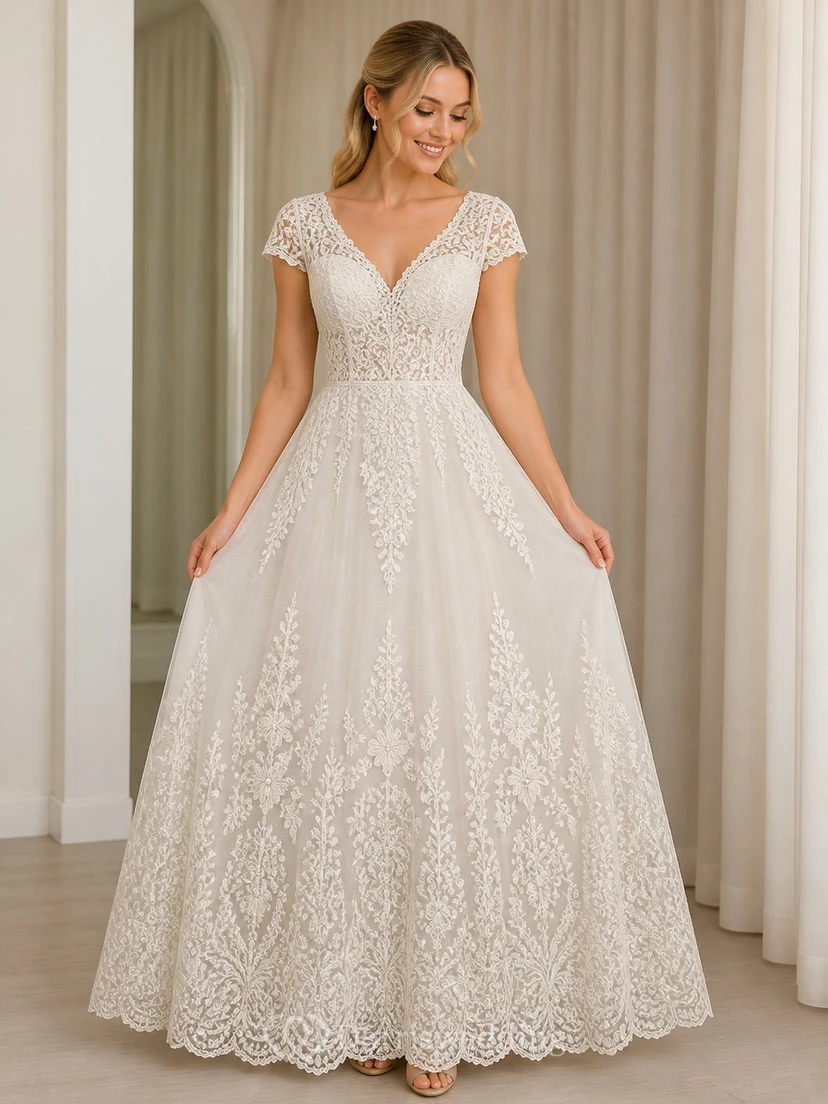 Vestido de novia de princesa talla grande con escote en V, encaje y mangas cortas