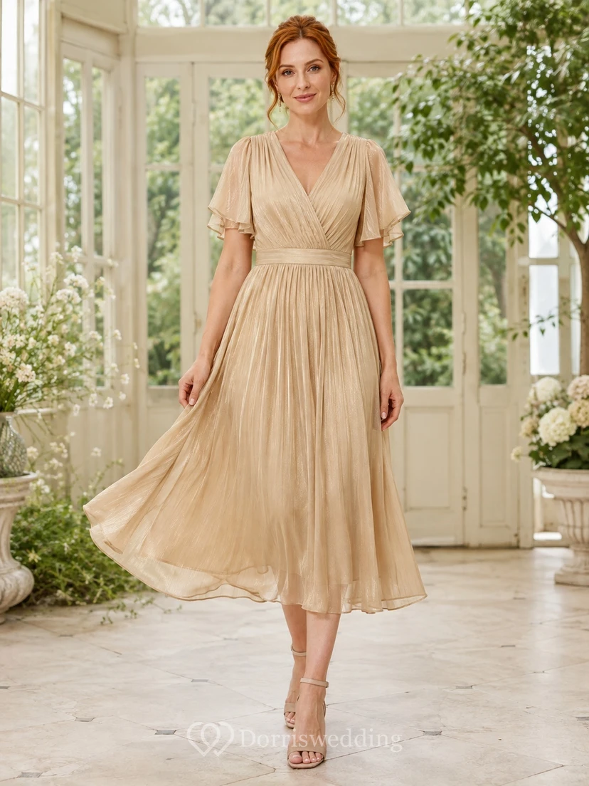 Champagne Chiffon V-Neck Flutter Sleeve A-Line Tea Length Guest Dress