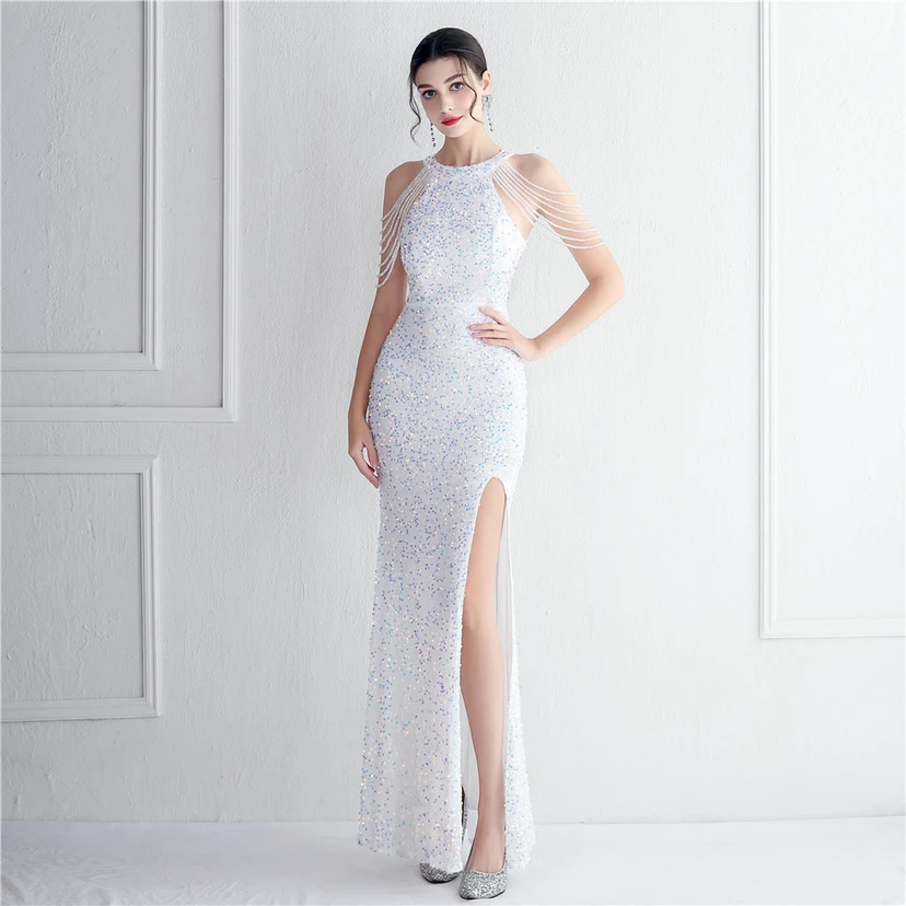 Heavy-Duty Glass Bead Craft Beaded Banquet Evening Dress Temperament Elegant Long Halter Neck Slit Sequins view 11