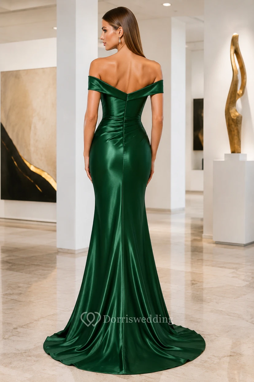 Dunkelgrünes schulterfreies Meerjungfrauen-Abendkleid aus Satin, das elegante Abendkleid aus Satin ist view 2