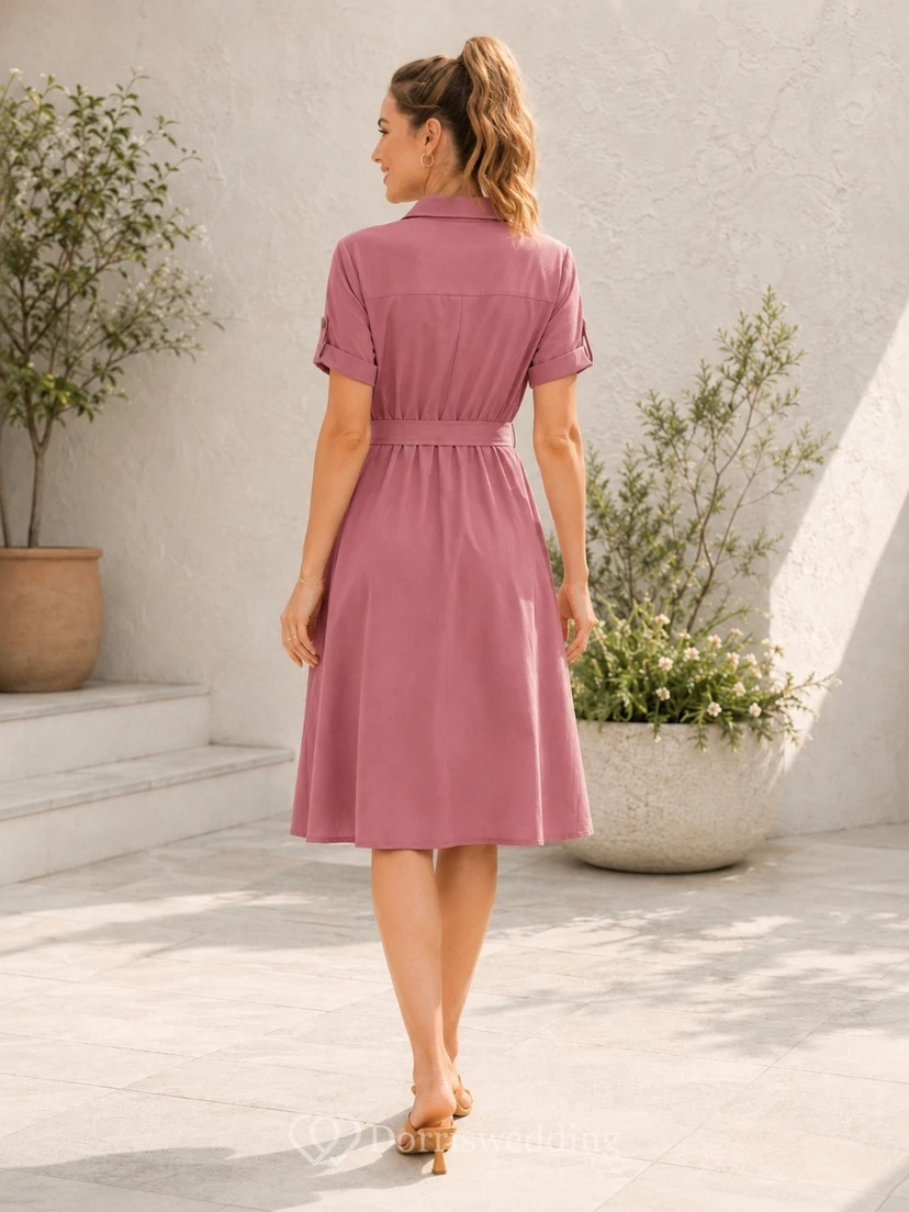 Mauve Satin Wrap V-Neck Short-Sleeve A-Line Midi Dress view 2