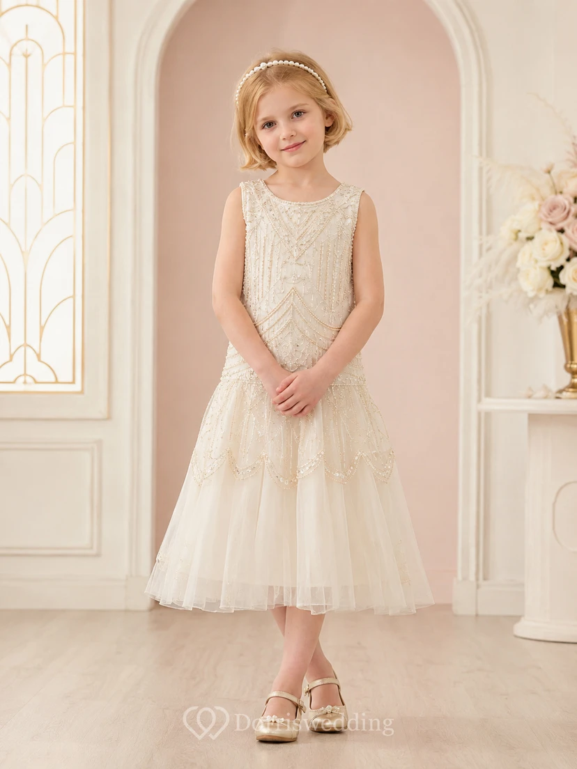 A-Line 1920s Inspired Beaded Flower Girl Dress with Sleeveless Beaded Bodice, Sequined Tulle, Tea-Length Hem, Deco Formal Style