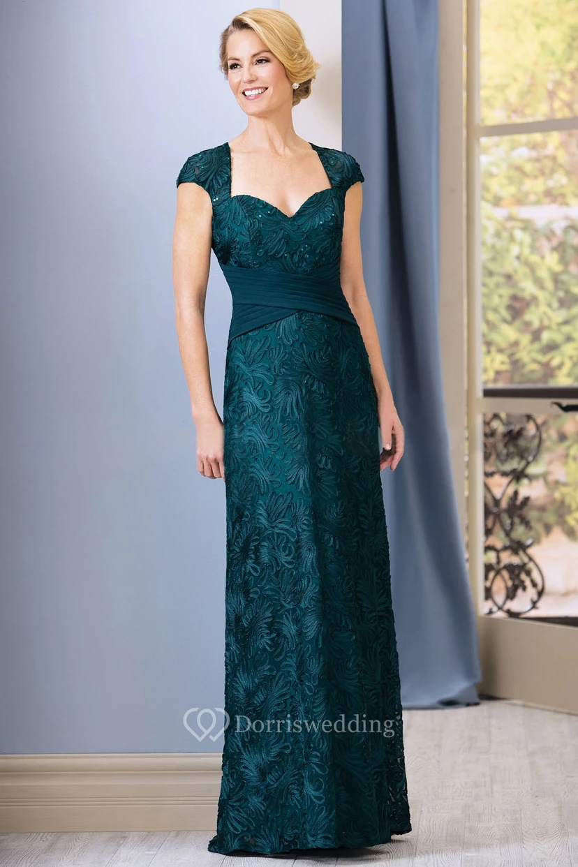 Cap-Sleeved Mother Of The Bride Dress With Crisscross Ruches And Keyhole Back
