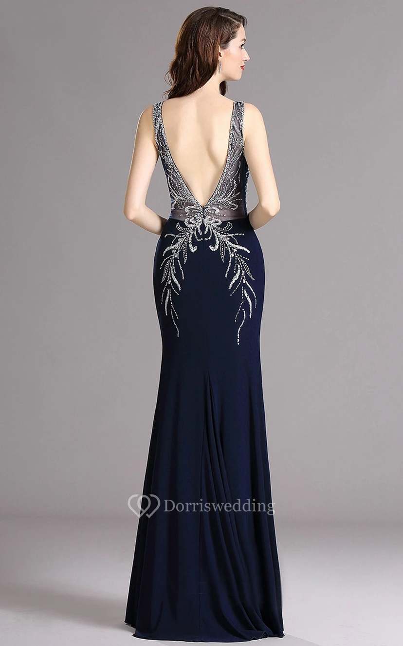 Sheath V-Neck Sleeveless Jersey Beading Split Front Low-V Back Dress view 2