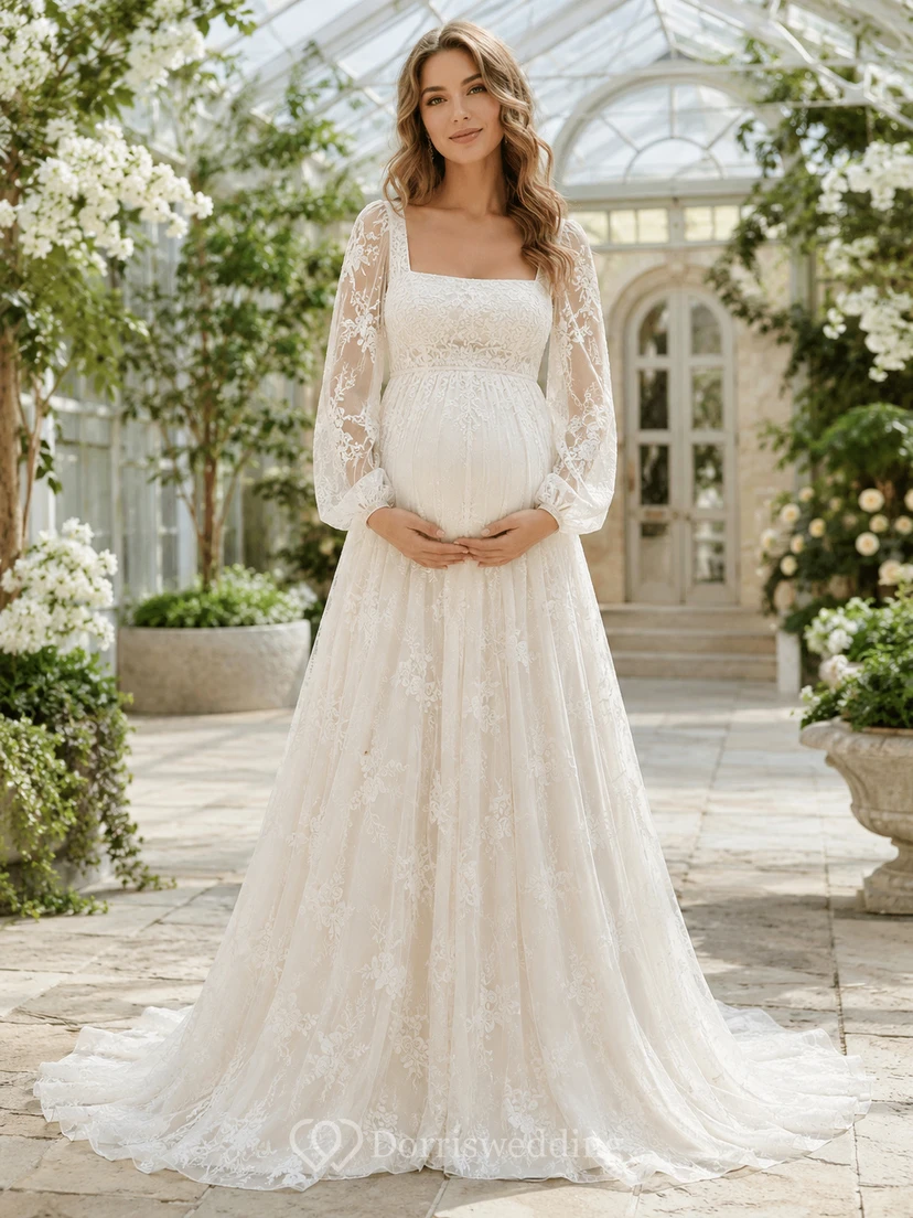Robe de mariée empire en dentelle à col carré et manches cloche pour femme enceinte