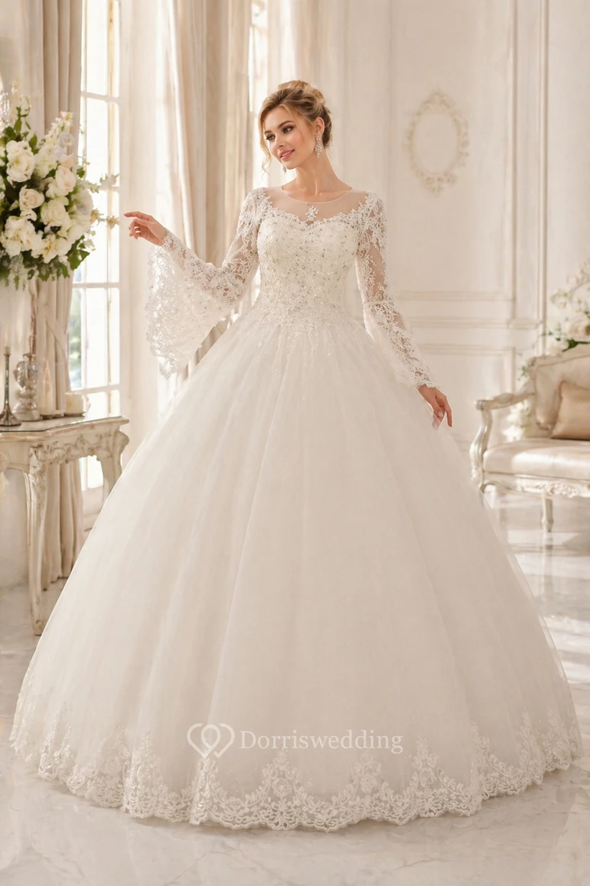 Glamorous Long Sleeve Sequins Lace Wedding Dresses Ball Gown Tulle