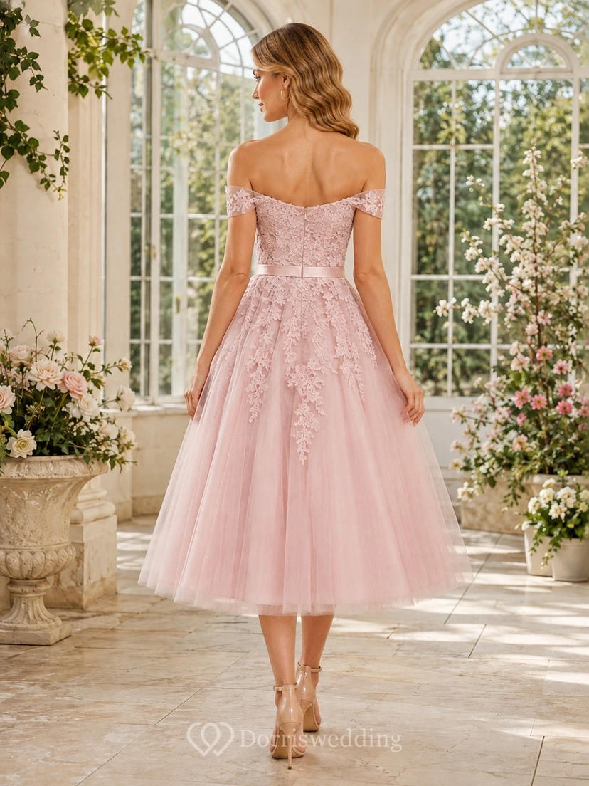 Pink Tulle Lace Off-Shoulder Floral A-Line Tea-Length Romantic Formal Dress view 2