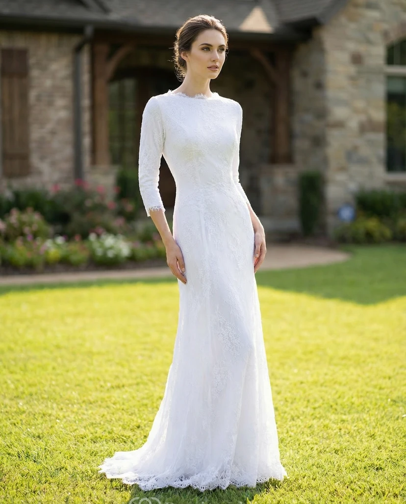 3/4 Sleeve Modest Lace Wedding Dress