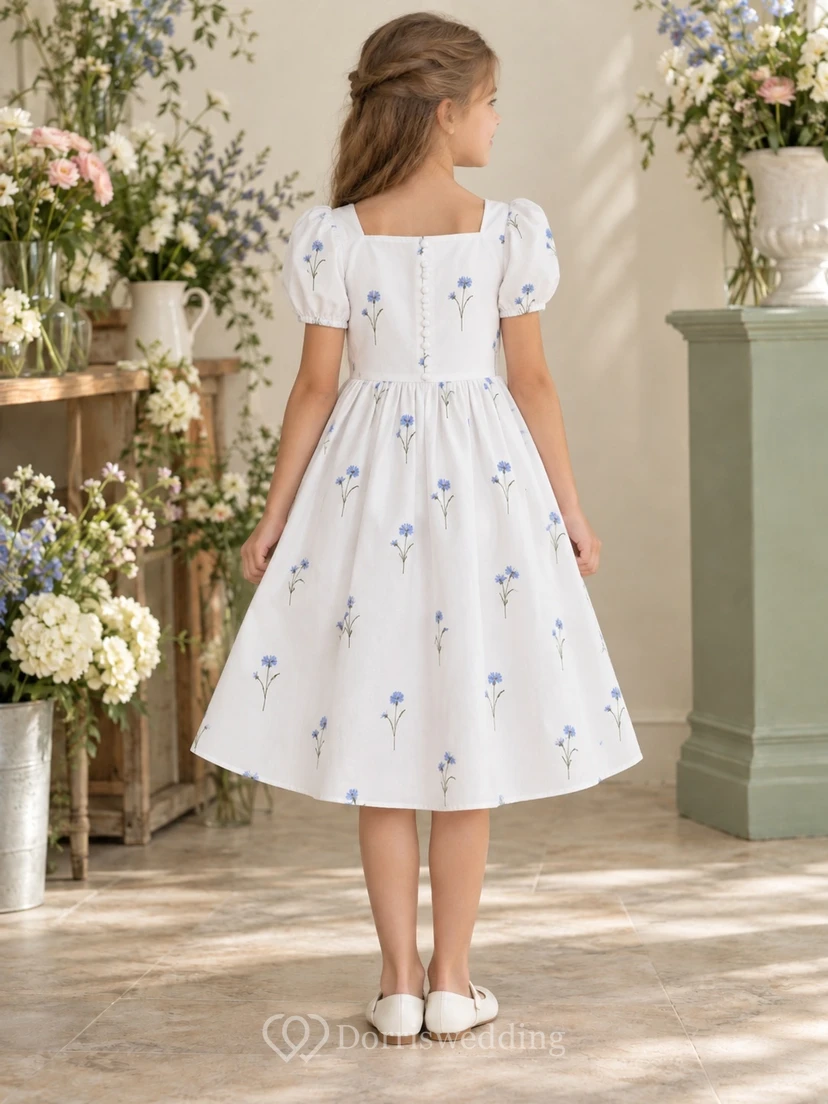Modest White Tea-length Broad Square Neck Short Puff Sleeves Sparse Blue-Floral Gathered A-line Flowergirl Dress view 2