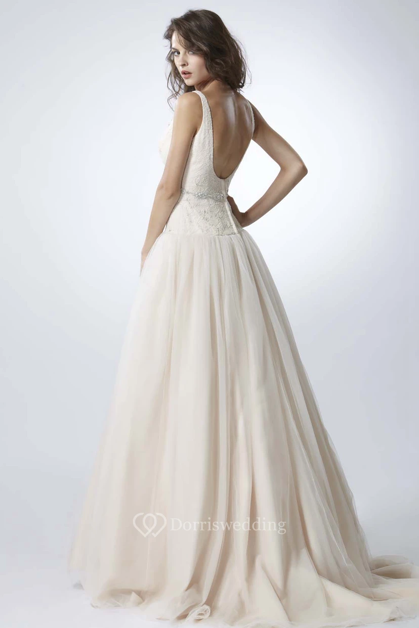 Long Square Jeweled Tulle Wedding Dress With Sweep Train And V Back view 2