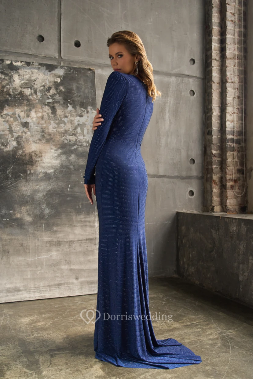 Elegant Ruched Long Sleeve Front Split Sheath Dress view 2