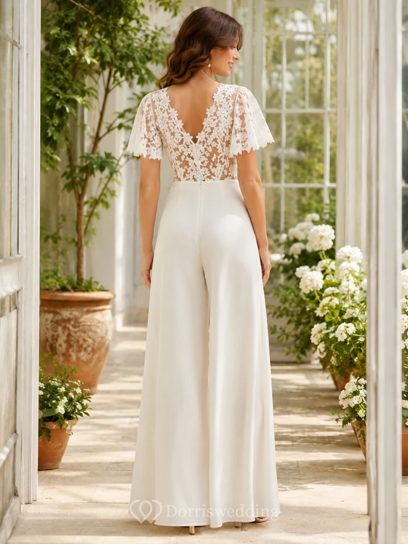 Romantic V Neck Flutter Lace Sleeve Wide Leg Garden Wedding Jumpsuit view 2
