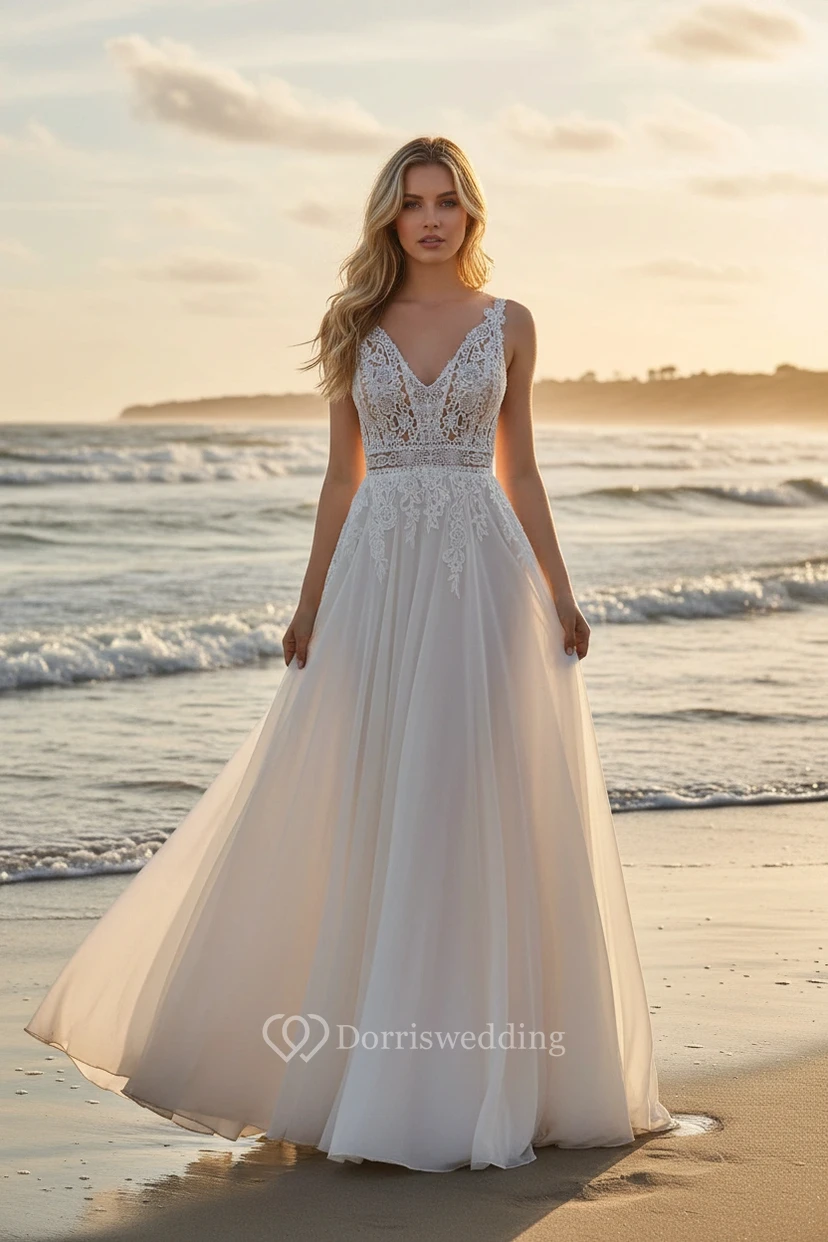 Lace V-Neck Beach Chiffon Wedding Dress