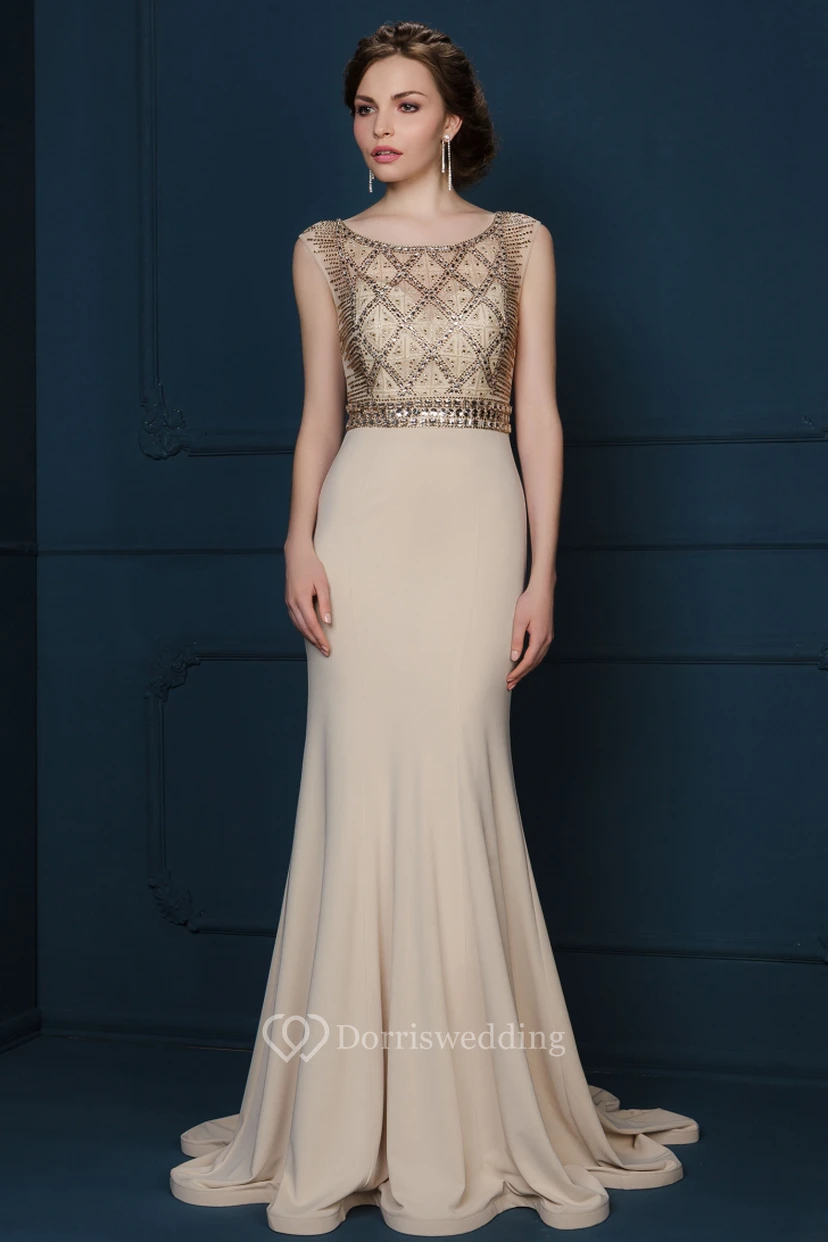 Sheath Sleeveless Scoop-Neck Floor-Length Crystal Jersey Evening Dress With Pleats
