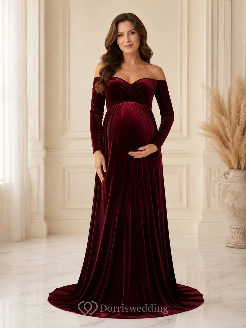 Maternity Burgundy Off Shoulder Long Sleeve Velvet Maxi Dress