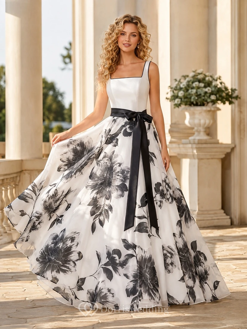 Romantic Floral Square Neck Sleeveless Floor-length Tulle Ball Gown Dress