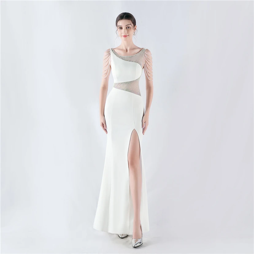 Heavy Hot Diamonds For Transparent Mesh High-Slit Satin Evening Dress Annual Meeting Wedding view 41