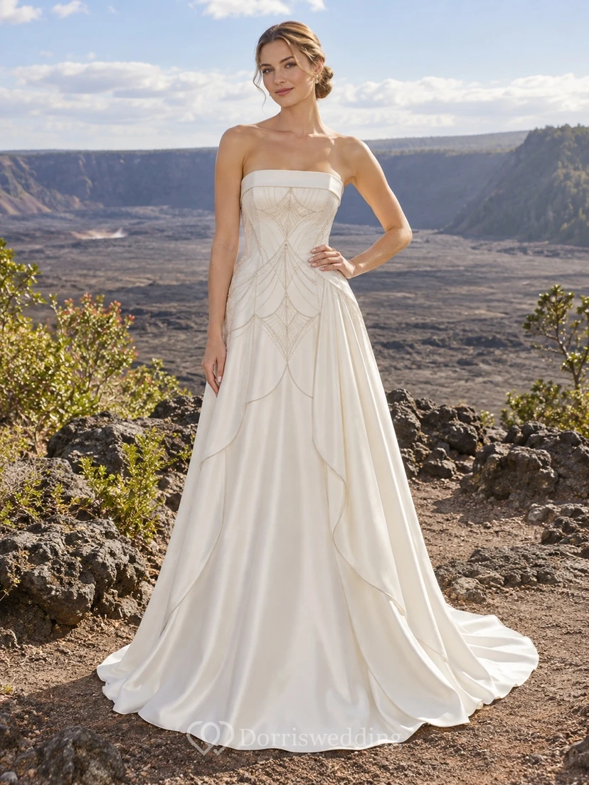 Vestido de novia Art Déco sin tirantes, sin mangas, de satén con cuentas y corte en A, largo hasta el suelo