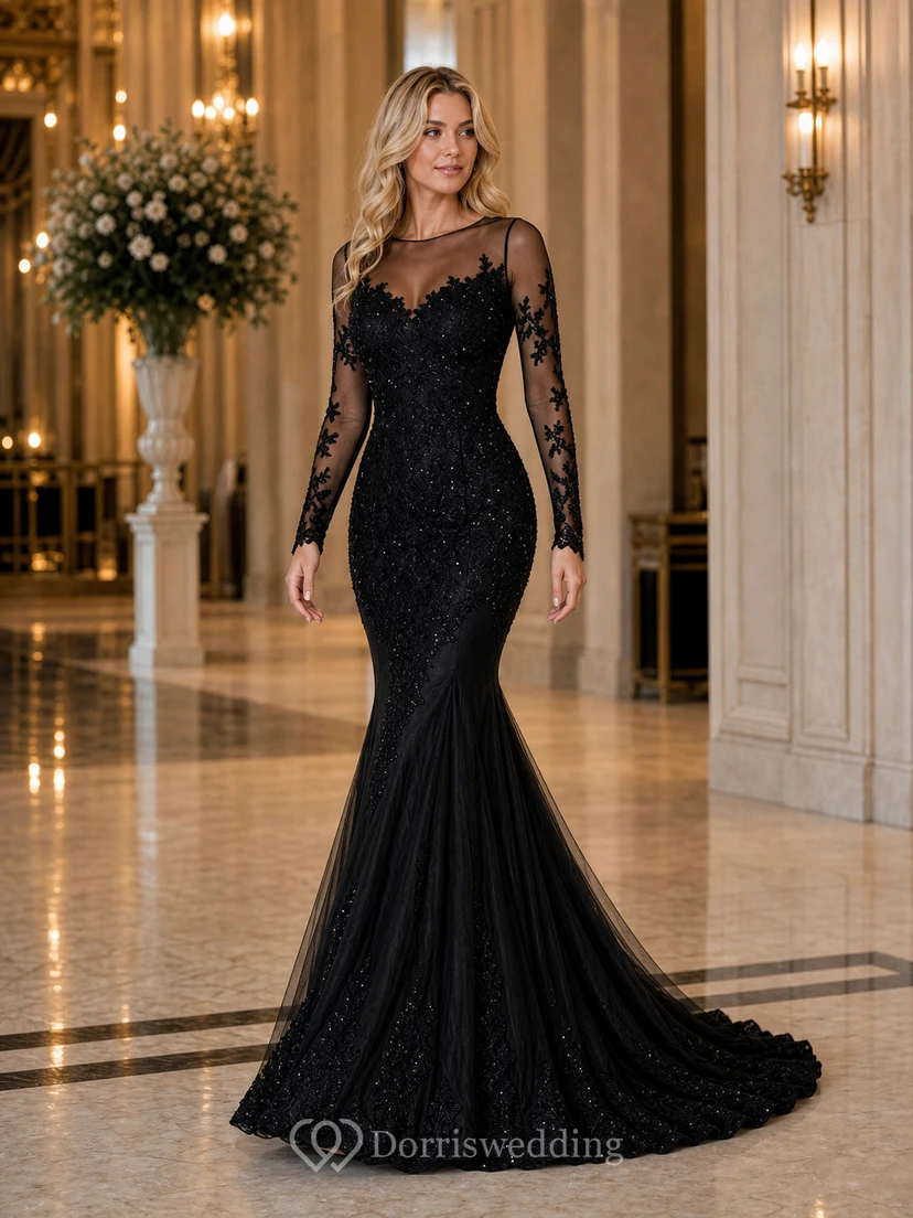 High Neck Mermaid Floor-length Sweep Brush Train Long Sleeve Lace Evening Dress with Zipper Back view 4