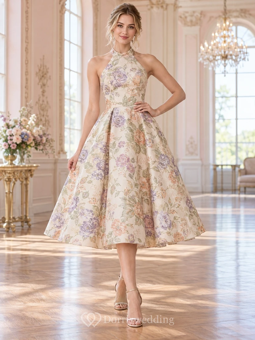 Teelanges, cremefarbenes Vintage-Abendkleid aus Satin mit Neckholder und Blumenmuster in A-Linie