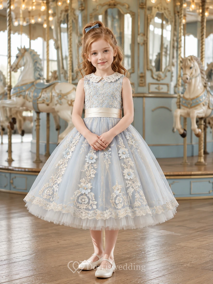 Mist Blue Flower Girl Dress with Lace Collar, Sleeveless Embroidered Bodice, Tea-Length A-Line Tulle Skirt and Ivory Satin Back Bow