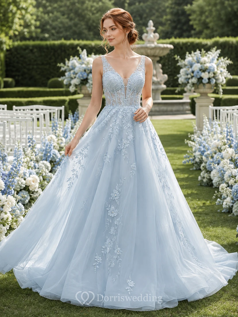 Blaues Brautkleid in A-Linie mit V-Ausschnitt, Trägern und Applikationen aus Tüll