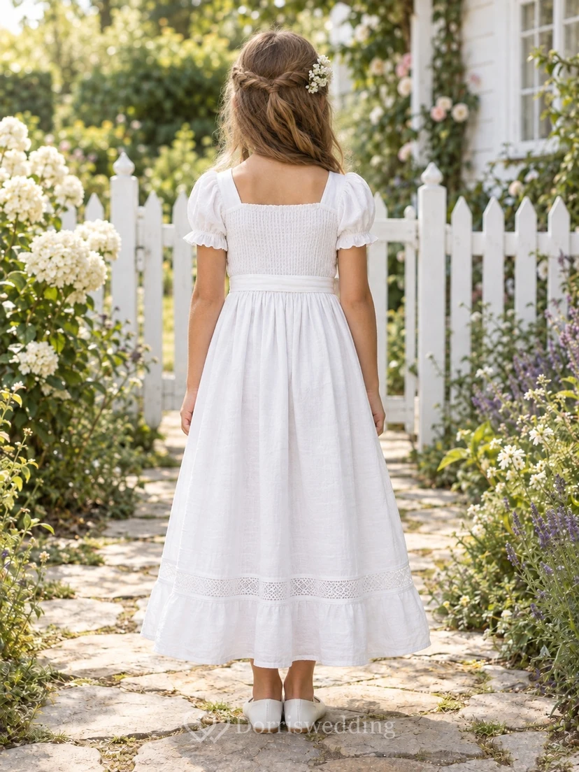 Square Neck Vintage Country White Puff Sleeve Bow Linen Flower Girl Dress view 2