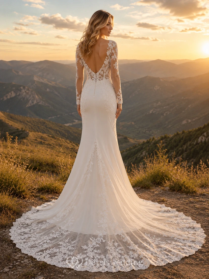 Robe de mariée bohème de montagne à manches longues en dentelle avec traîne chapelle view 2