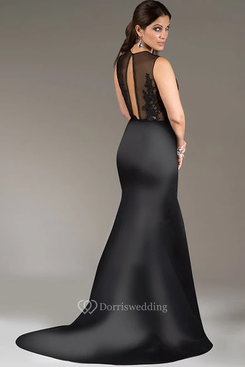 Robe longue sans manches en satin à col rond, idéale pour la mère de la mariée, ornée d'appliqués et d'une découpe en forme de goutte dans le dos. Col rond et découpe en forme de goutte d'eau. Robe de mère de la mariée avec encolure ronde, sans manches, ornée d'appliqués et d'une découpe en forme de goutte d'eau dans le dos. view 2