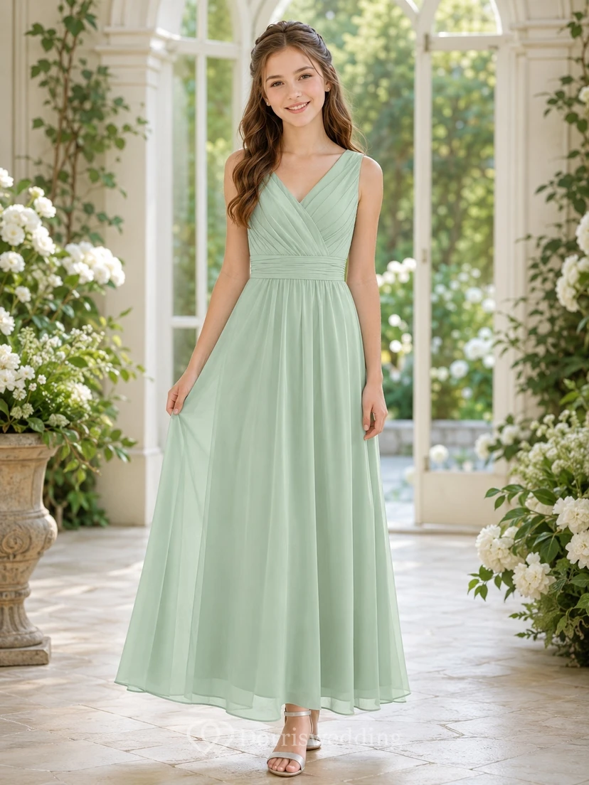 Vestido de dama de honor juvenil color celadón, corte en A, largo hasta la rodilla, escote en V, sin mangas, gasa, elegante y formal.