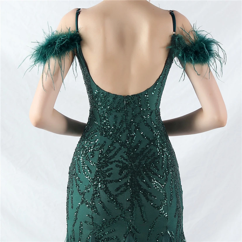 9-farbiges, handgefertigtes Abendkleid aus Kamelfedern, Netzstoff und Pailletten, sexy Trägern view 17