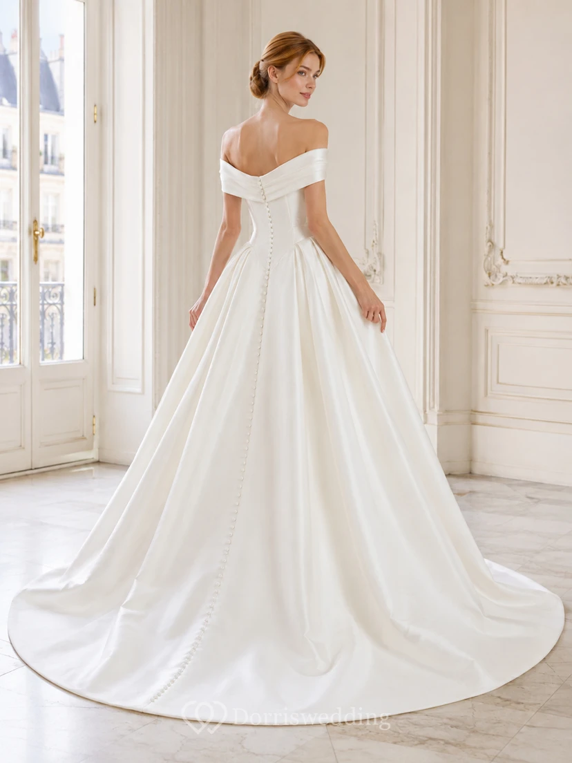 Robe de bal plissée en satin à épaules dénudées et manches courtes pour une cérémonie de chapelle view 2