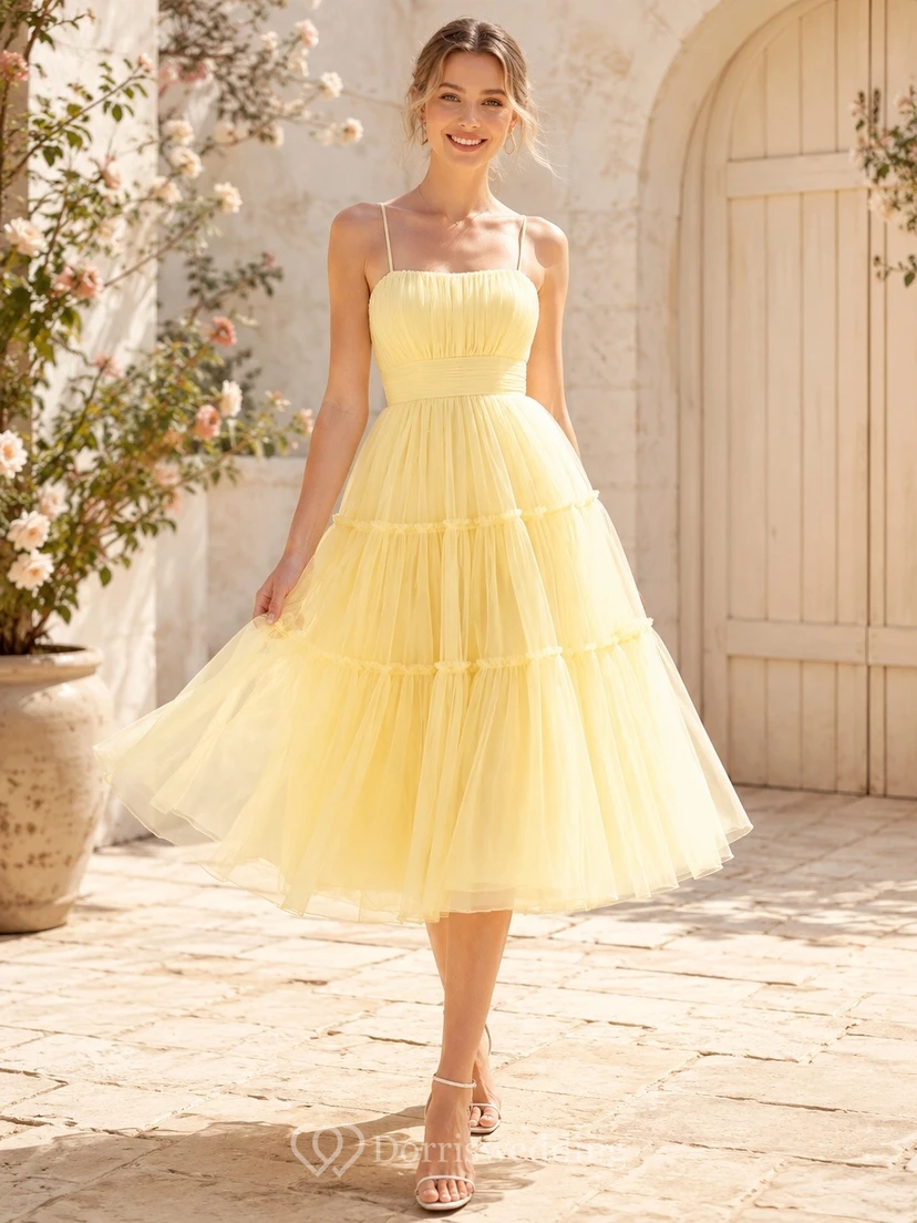Daffodil Layered Tulle Spaghetti Strap A-Line Tea-length Flowergirl Dress