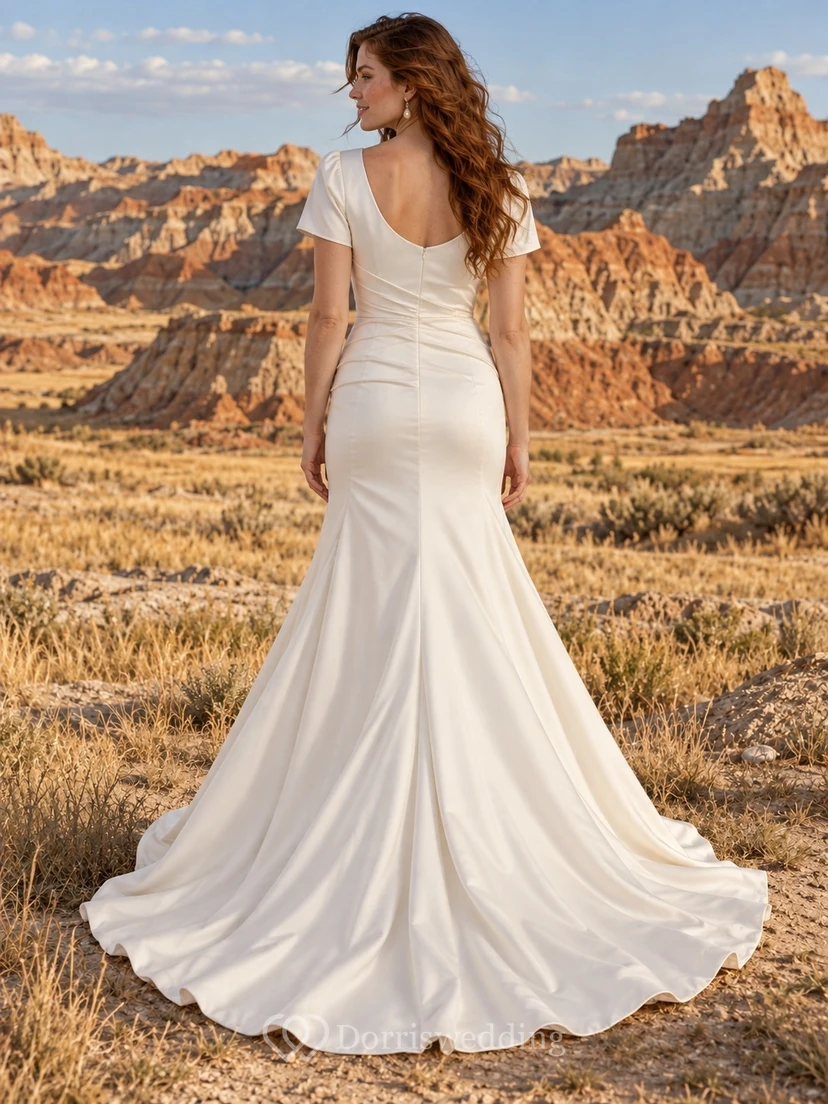 Vestido de novia sencillo de satén drapeado largo hasta el suelo con escote en V y mangas cortas estilo sirena view 2