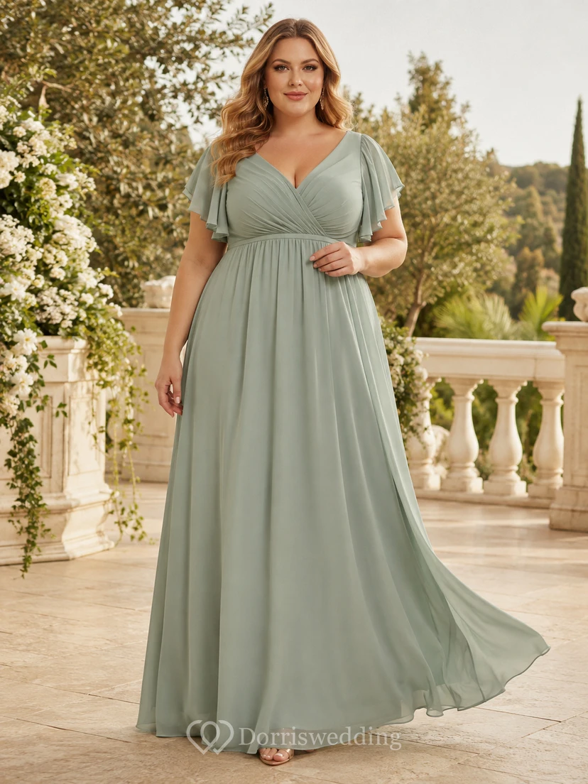 Plus Size Sage Flutter Sleeve V Neck Floor Length A Line Gown