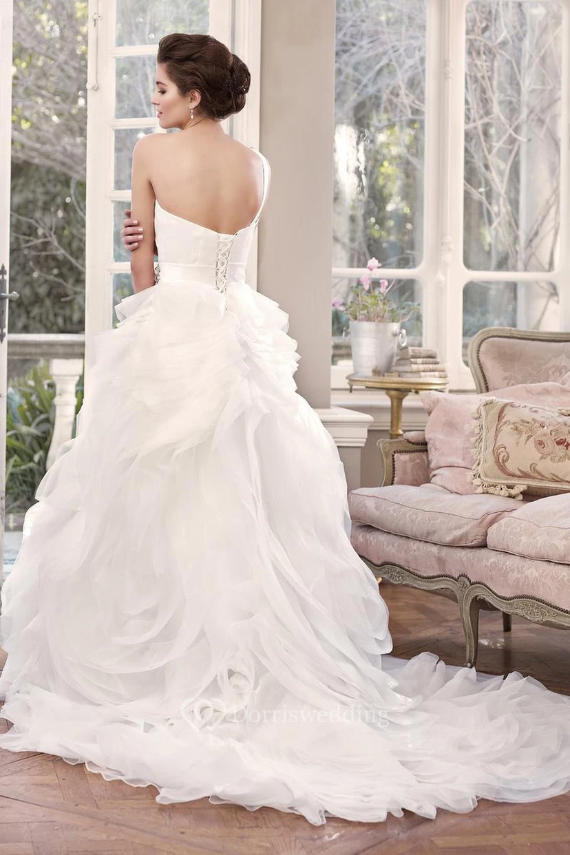 Maxi One-Shoulder Jeweled Organza Wedding Dress With Chapel Train And Corset Back view 2
