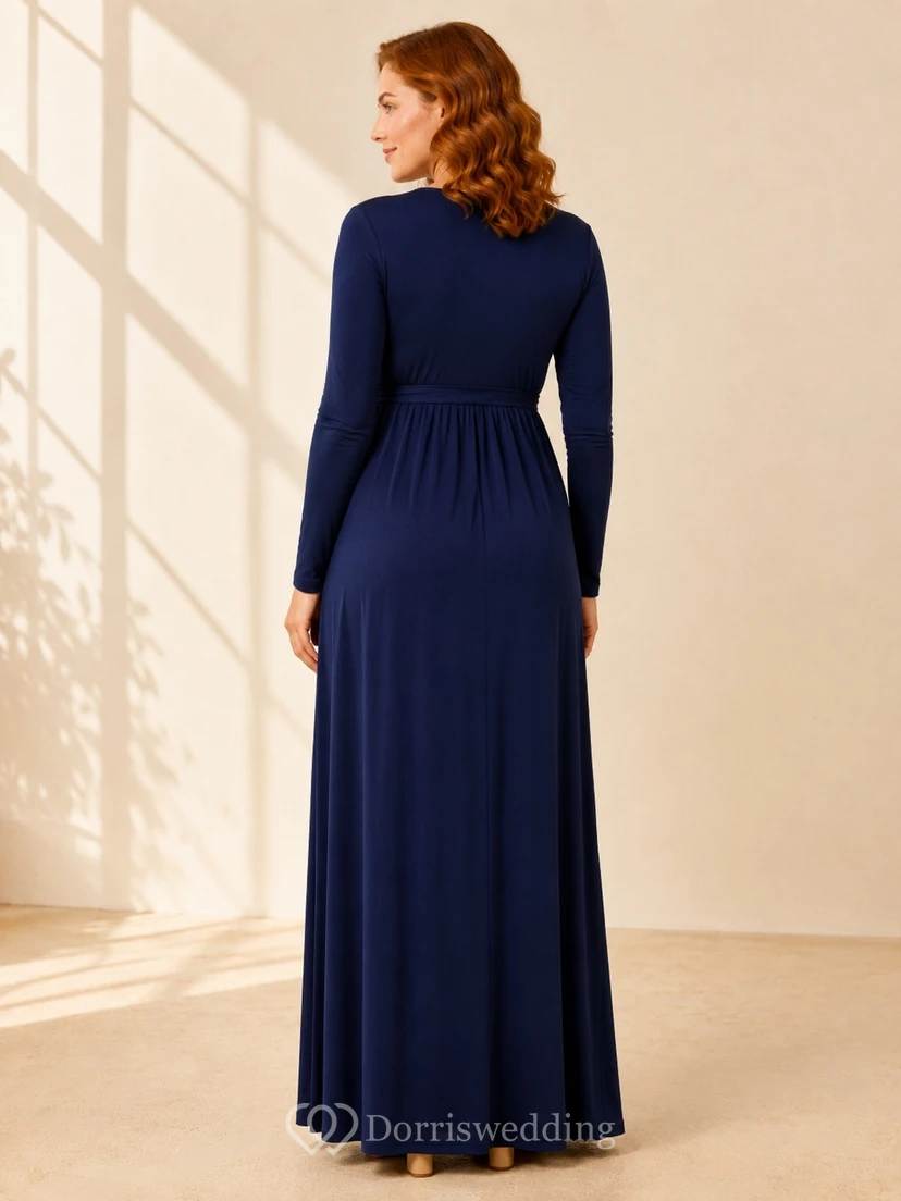 Robe de maternité bleu marine foncé, col en V, manches longues, en jersey, coupe trapèze, longueur au sol view 2